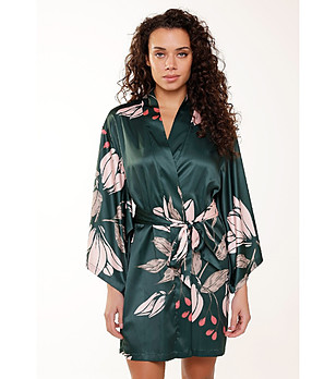 Тъмнозелен дамски халат с флорални мотиви снимка