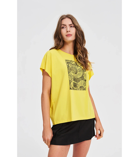 Жълта дамска памучна блуза с щампа снимка