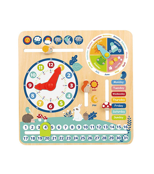 Дървен календар с часовник снимка