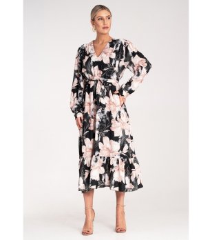 Рокля в черно с бежов флорален принт Bretta снимка