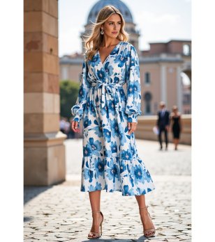 Рокля в бяло и синьо с флорален принт Bretta снимка