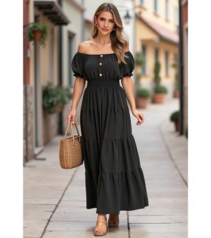 Черна рокля с буфан ръкави Lavina снимка