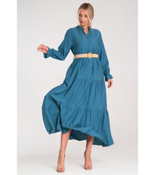 Синя дълга рокля с колан Irra снимка