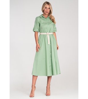 Памучна рокля в зелен нюанс с яка и колан Vivi снимка