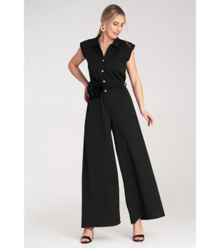 Дамски черен гащеризон с колан с цвете Vivian снимка