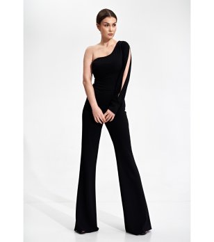 Дамски гащеризон в черно с дълъг ръкав и цепка Reyna снимка