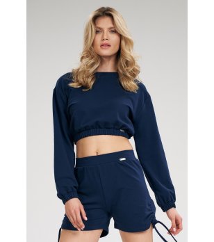 Къса памучна дамска блуза в тъмносиньо Minalla снимка