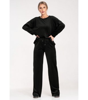 Дамски велурен комплект от блуза и панталон в черно Chica снимка