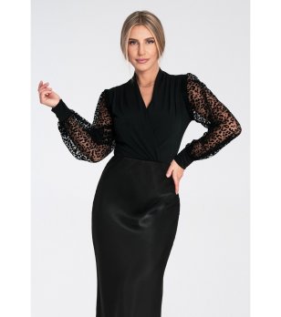 Черно боди с ефектни ръкави с леопардови шарки Lornita снимка