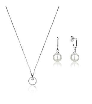 Комплект от колие и обеци в сребристо с перли Lea снимка