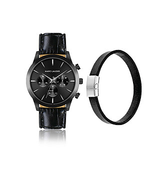 Черен мъжки комплект от часовник и гривна снимка