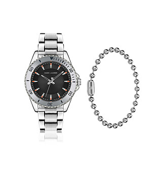 Сребрист мъжки комплект от часовник и гривна снимка