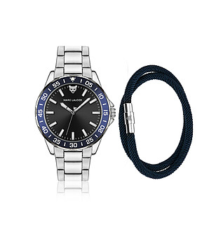 Мъжки комплект от часовник и гривна в сребристо и тъмносиньо снимка