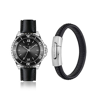 Комплект от часовник и гривна в черно и сребристо Wettingen снимка