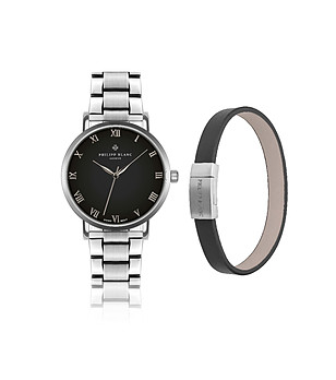 Комплект мъжки часовник и гривна в сребристо и черно Bern снимка