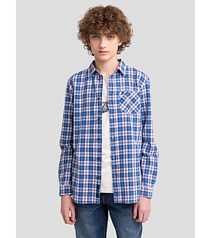 Детска синя памучна риза на каре Dramm снимка