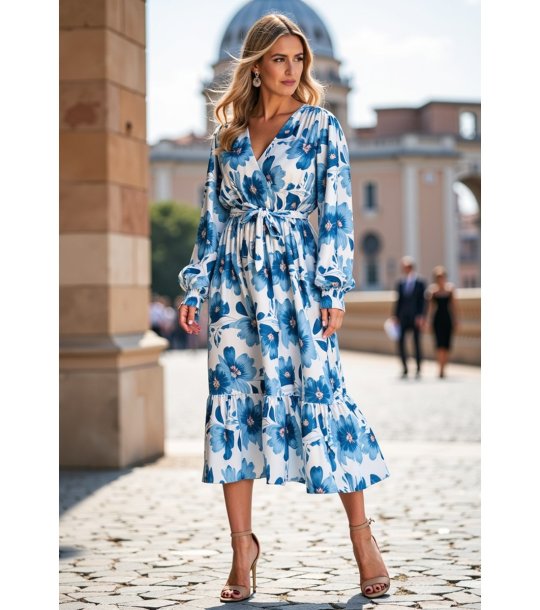 Рокля в бяло и синьо с флорален принт Bretta снимка