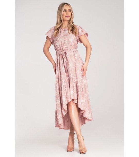 Розова асиметрична рокля с флорален мотив Vigi снимка