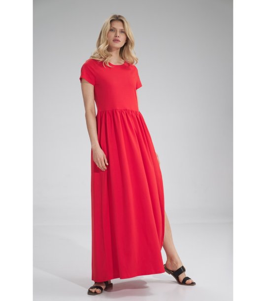 Червена памучна дълга рокля с цепка Freda снимка