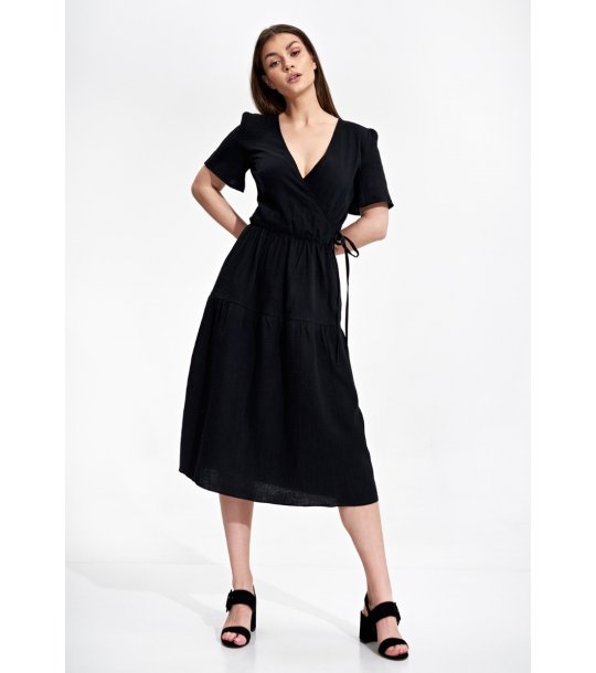Памучна черна рокля с къс ръкав Renita снимка