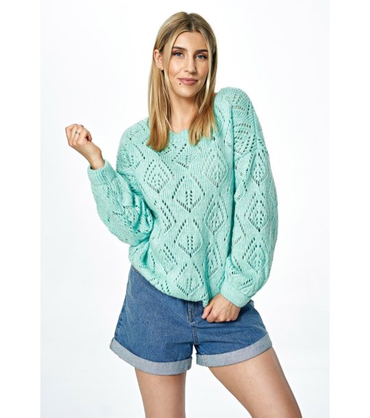 Дамски пуловер в цвят мента с ажурна плетка Alvara снимка