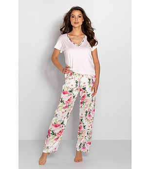 Розова дамска пижама с многоцветно дълно долнище Ines снимка