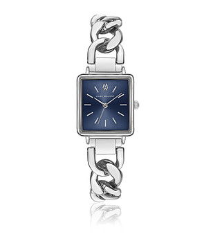 Сребрист дамски часовник с тъмносин циферблат и ефектна верижка снимка