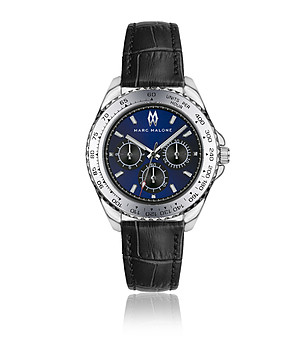 Мъжки часовник в сребристо и тъмносиньо с черна кожена каишка снимка