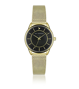 Златист дамски часовник с циферблат в черно снимка