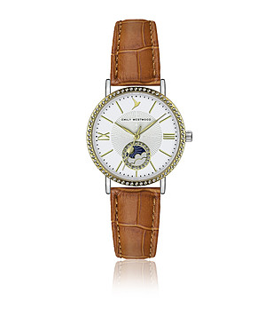 Дамски часовник в сребристо и златисто с кафява кожена каишка снимка