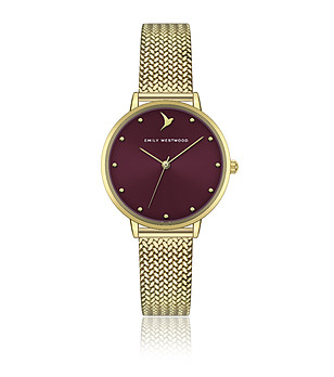 Златист дамски часовник с циферблат в бордо снимка