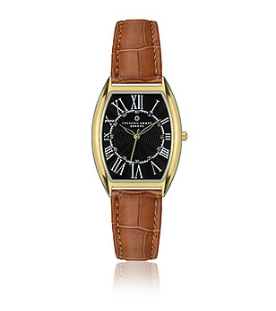 Златист дамски часовник с кафява кожена каишка снимка