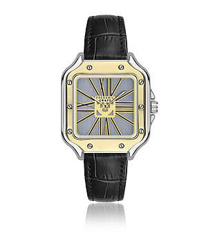 Мъжки часовник в черно и златисто с черна кожена каишка снимка