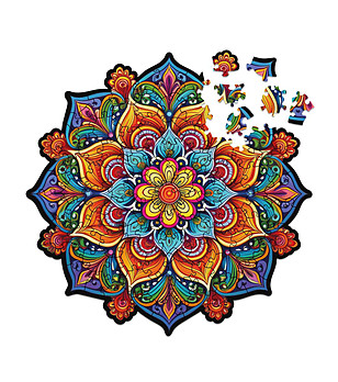 Дървен пъзел 100 части - Мандала с оранжеви елементи снимка