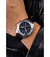 Мъжки часовник в сребристо и тъмносиньо с черна кожена каишка-1 снимка