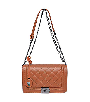 Дамска кожена чанта за рамо в цвят коняк Alfina снимка