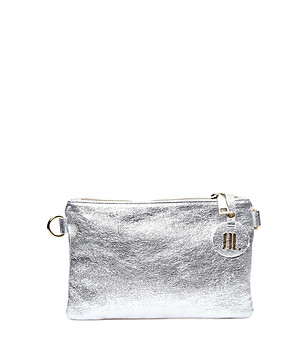 Сребриста дамска кожена чанта за рамо Hestia снимка