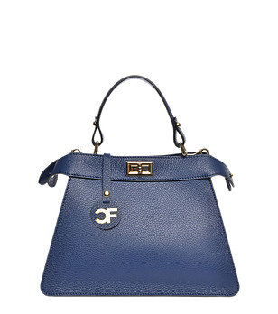 Тъмносиня дамска трапецовидна кожена чанта снимка