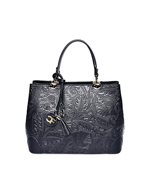 Черна кожена чанта с флорална щампа Megan снимка