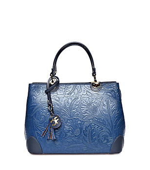 Тъмносиня кожена чанта с флорална щампа Megan снимка