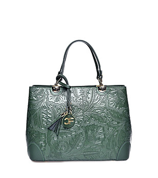 Тъмнозелена кожена чанта с флорална щампа Megan снимка