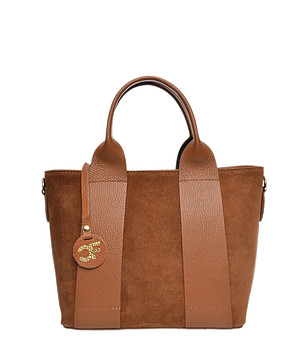 Дамска чанта в цвят коняк от естествена кожа и велур Indiasa снимка