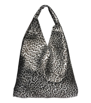 Кожена дамска чанта с леопардови шарки в черно и сребристо Della снимка