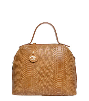 Кафява дамска кожена чанта с кроко релеф снимка