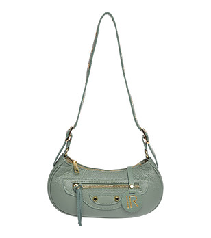 Дамска кожена чанта тип багета в зелен нюанс снимка