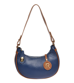 Синя дамска кожена чанта с кафяви кантове снимка