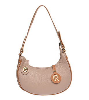 Дамска кожена чанта в цвят пудра с кафяви кантове снимка