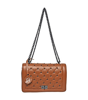 Дамска кожена чанта в цвят коняк с капси Enrica снимка