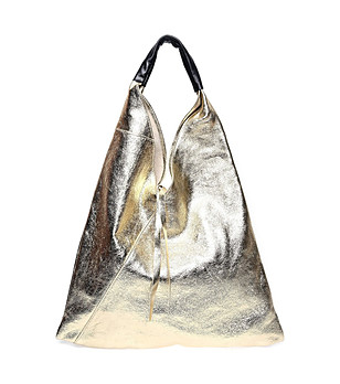 Златиста мека трапецовидна дамска чанта от естествена кожа снимка