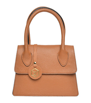 Трапецовидна дамска кожена чанта в цвят коняк Reni снимка